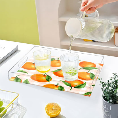 Oranges Gingham Peach Serving Tray with Handles, 12x16 Inch Decorative Acrylic Tray Organizer, Multi-Purpose Sturdy Serving Platter for Coffee Table, Kitchen, Vanity, Nightstand