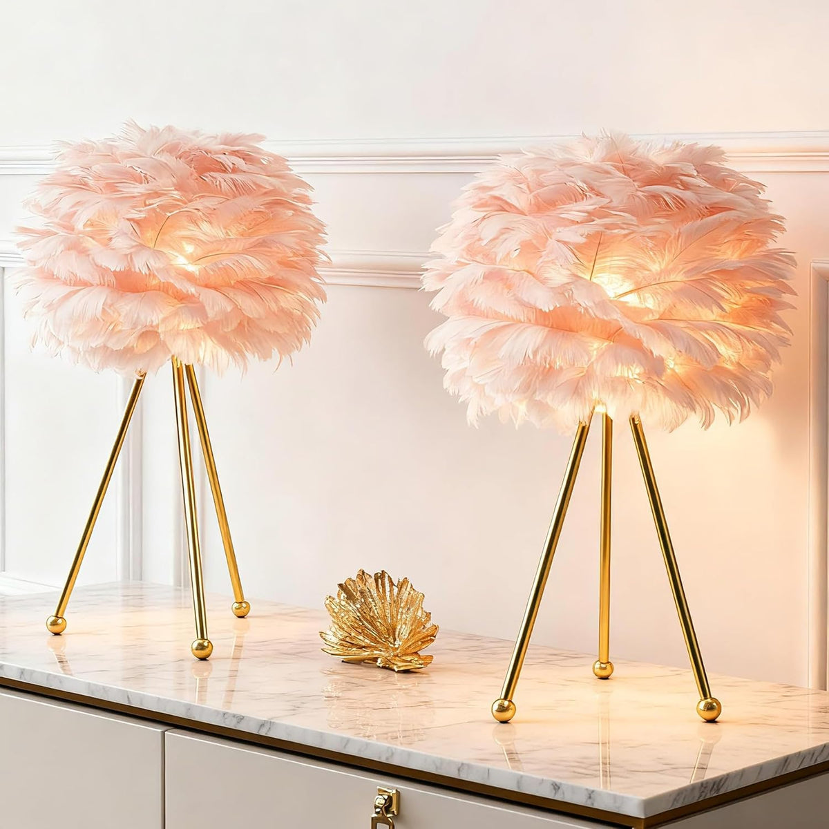 Pink Feather Table Lamps Set of 2, 19" Modern Feather Bedside Lamp, Gold Tripod End Table Lamps for Living Room, Bedroom, Dining Room