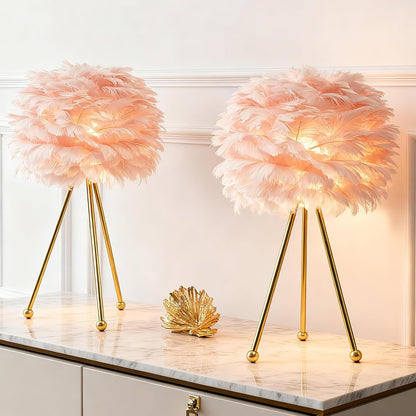 Pink Feather Table Lamps Set of 2, 19" Modern Feather Bedside Lamp, Gold Tripod End Table Lamps for Living Room, Bedroom, Dining Room