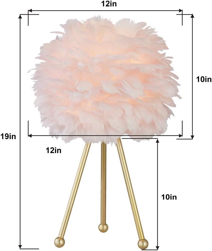 Pink Feather Table Lamps Set of 2, 19" Modern Feather Bedside Lamp, Gold Tripod End Table Lamps for Living Room, Bedroom, Dining Room