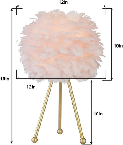 Pink Feather Table Lamps Set of 2, 19" Modern Feather Bedside Lamp, Gold Tripod End Table Lamps for Living Room, Bedroom, Dining Room