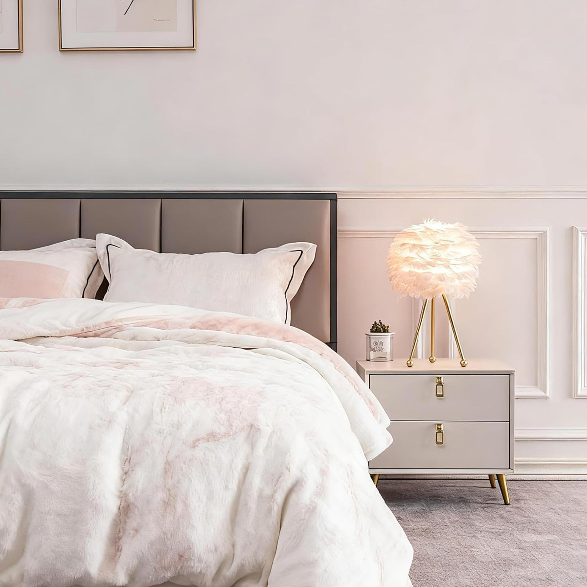Pink Feather Table Lamps Set of 2, 19" Modern Feather Bedside Lamp, Gold Tripod End Table Lamps for Living Room, Bedroom, Dining Room