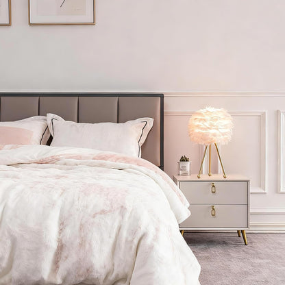 Pink Feather Table Lamps Set of 2, 19" Modern Feather Bedside Lamp, Gold Tripod End Table Lamps for Living Room, Bedroom, Dining Room