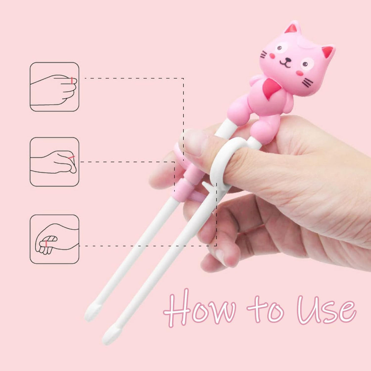 Training Chopsticks Toddler Chopsticks, Cute Animal Shape Easy to Use Learning Reusable Chopsticks Helper With attachable Trainer for Kids Child Baby Adults Beginners, Pink Cat, Dishwasher Safe