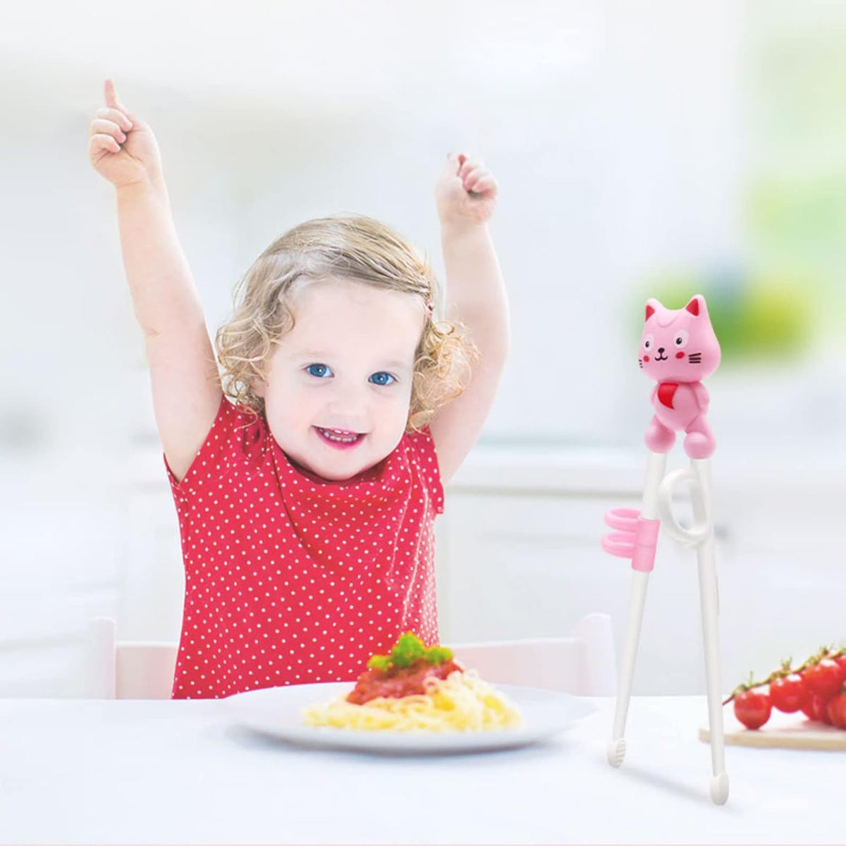 Training Chopsticks Toddler Chopsticks, Cute Animal Shape Easy to Use Learning Reusable Chopsticks Helper With attachable Trainer for Kids Child Baby Adults Beginners, Pink Cat, Dishwasher Safe