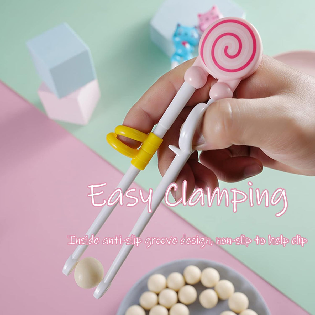 Training Chopsticks Toddler Chopsticks, Cute Animal Shape Easy to Use Learning Reusable Chopsticks Helper With attachable Trainer for Kids Child Baby Adults Beginners, Pink Cat, Dishwasher Safe