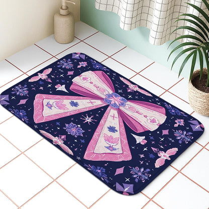 Bow Pattern Quick Dry Bath Mat, Elegant Peach Floral Non Slip Shower Mat, Seasonal Memory Foam Washable Bath Rugs for Bathroom Toilet Restroom Decorative 20x32 Inch