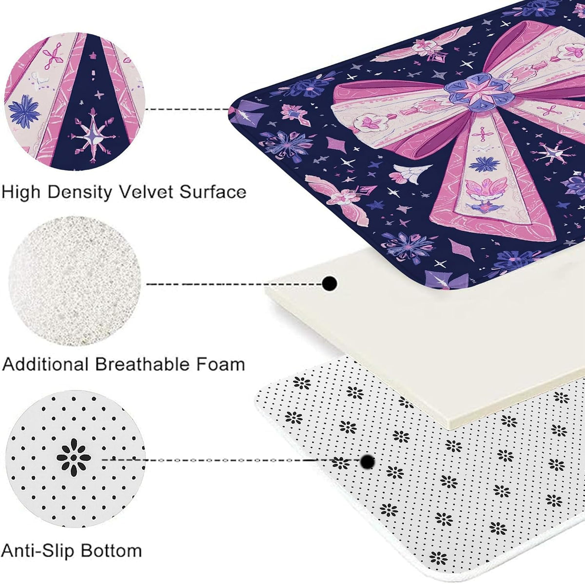 Bow Pattern Quick Dry Bath Mat, Elegant Peach Floral Non Slip Shower Mat, Seasonal Memory Foam Washable Bath Rugs for Bathroom Toilet Restroom Decorative 20x32 Inch