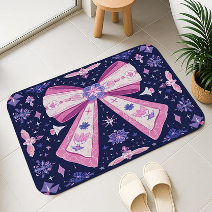 Bow Pattern Quick Dry Bath Mat, Elegant Peach Floral Non Slip Shower Mat, Seasonal Memory Foam Washable Bath Rugs for Bathroom Toilet Restroom Decorative 20x32 Inch