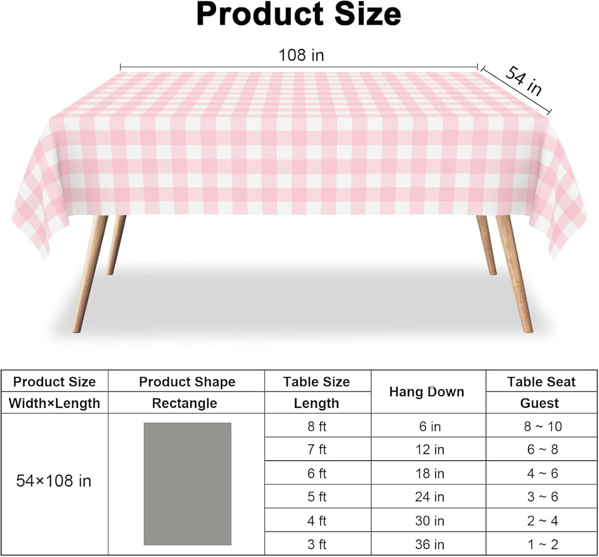 2 Pack Pink and White Checkered Tablecloth Pink Gingham Plastic Table Cloths for Parties Disposable 54x108 in Waterproof Rectangle Table Covers for Party Baby Shower Birthday Party Decorations
