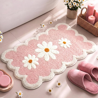 Pink Daisy Bathroom Rug 24 x 16 in Scalloped Bath Mat