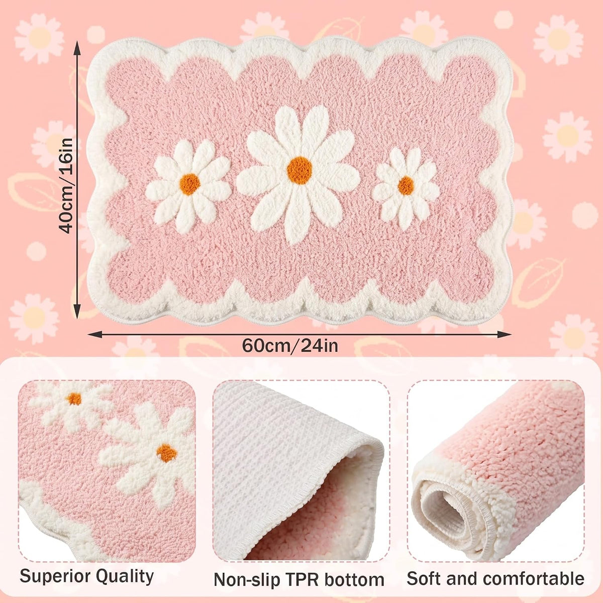 Pink Daisy Bathroom Rug 24 x 16 in Scalloped Bath Mat