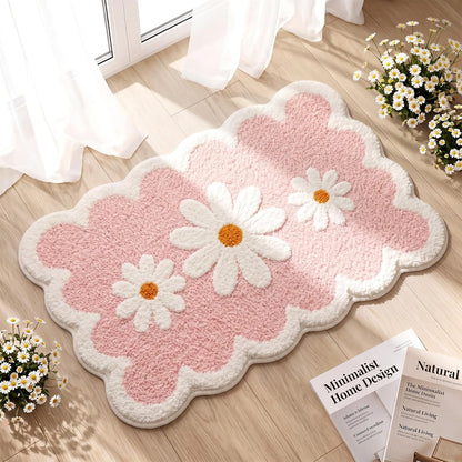 Pink Daisy Bathroom Rug 24 x 16 in Scalloped Bath Mat