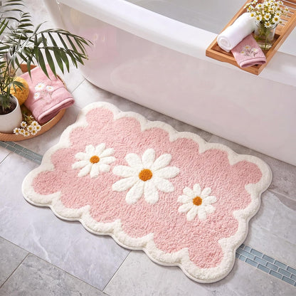 Pink Daisy Bathroom Rug 24 x 16 in Scalloped Bath Mat