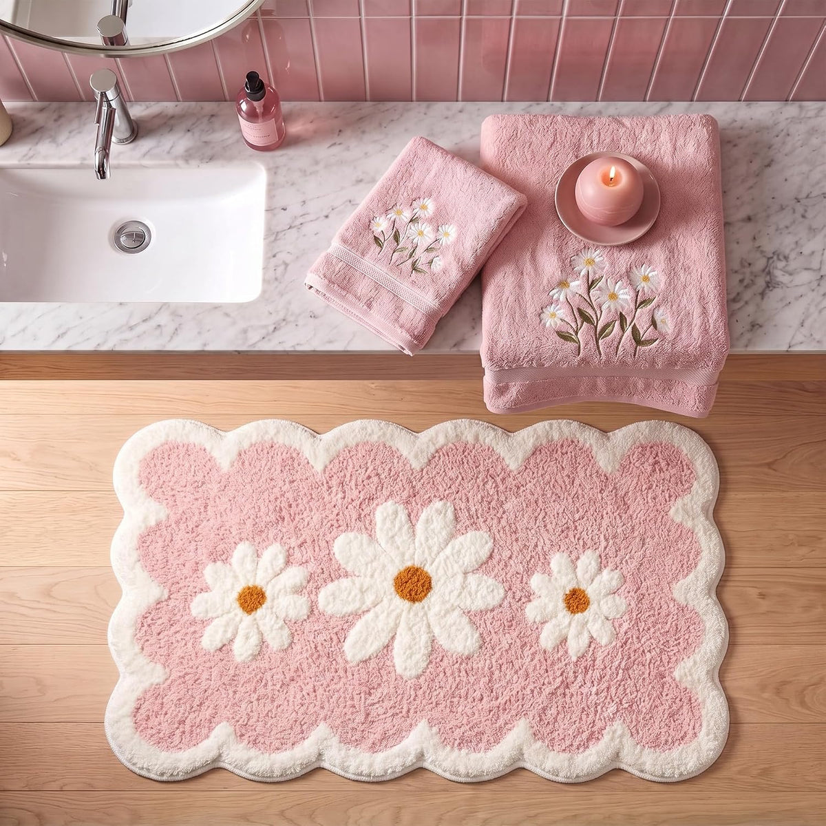 Pink Daisy Bathroom Rug 24 x 16 in Scalloped Bath Mat