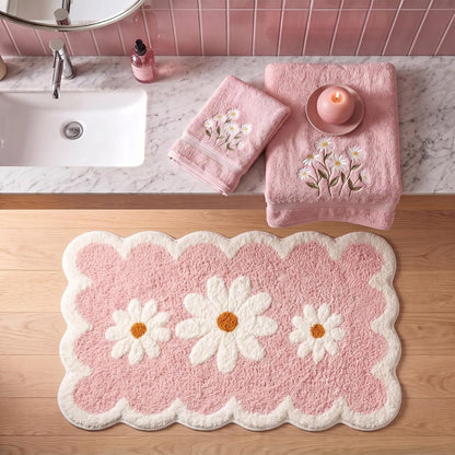 Pink Daisy Bathroom Rug 24 x 16 in Scalloped Bath Mat