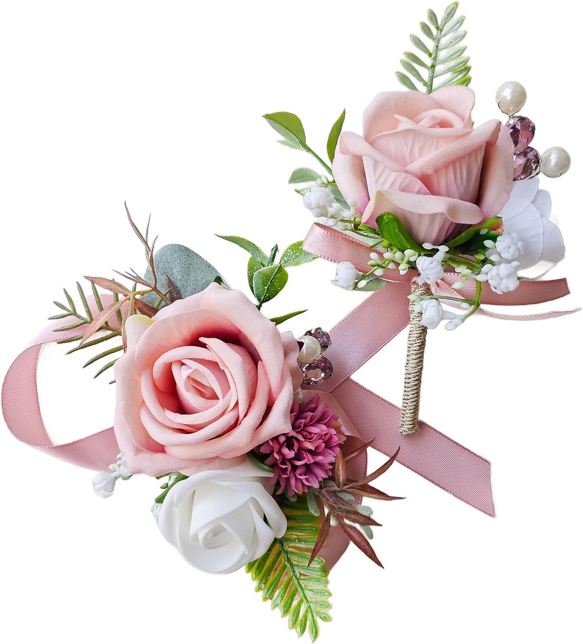 Corsage and Boutonniere Set with Pink Roses for Bride, Groom, Bridesmaids Groomsmen Weddings, Proms, Homecomings. Perfect Party Suit Decor Wedding Flowers Accessories (Pink)