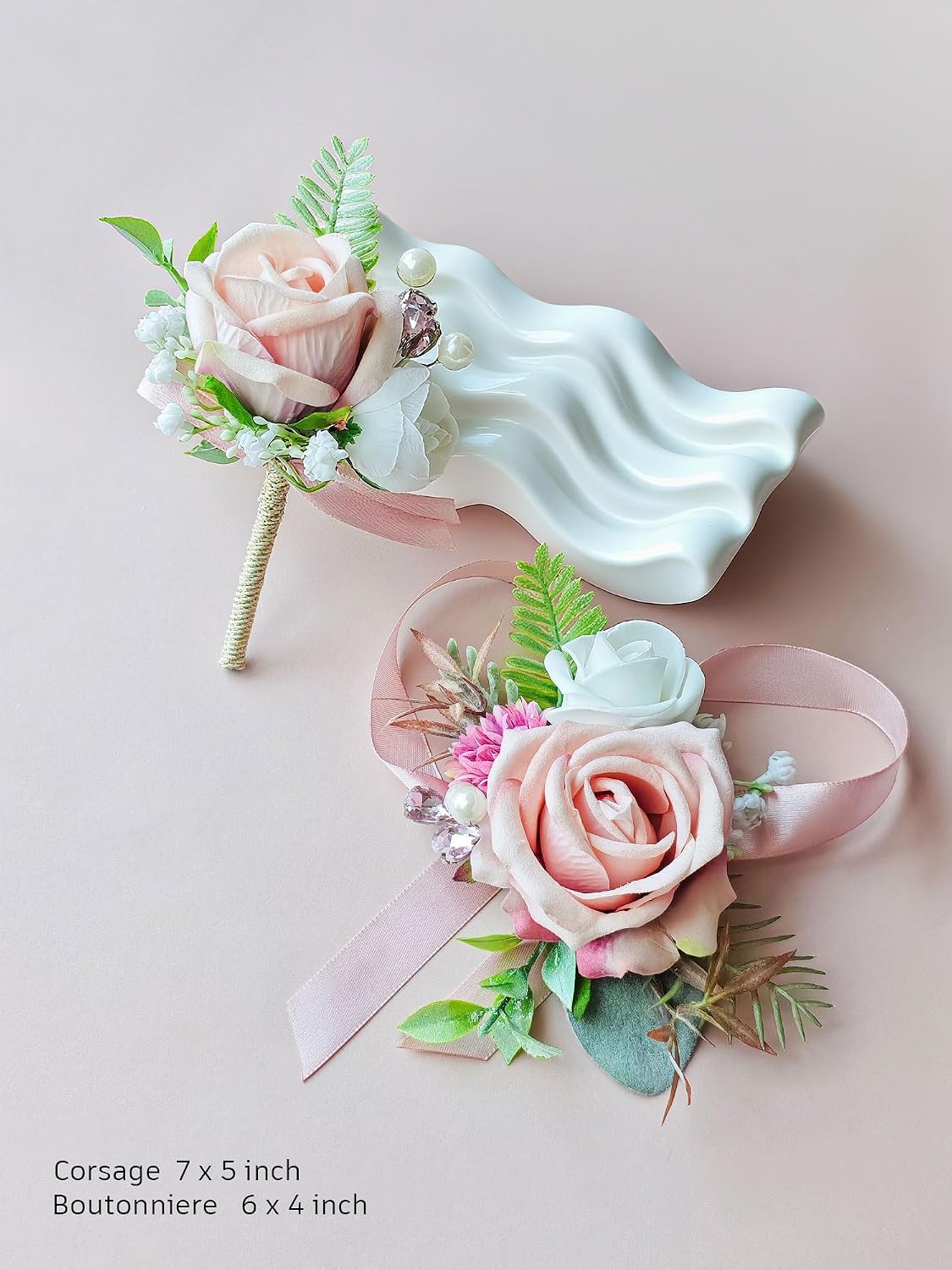 Corsage and Boutonniere Set with Pink Roses for Bride, Groom, Bridesmaids Groomsmen Weddings, Proms, Homecomings. Perfect Party Suit Decor Wedding Flowers Accessories (Pink)