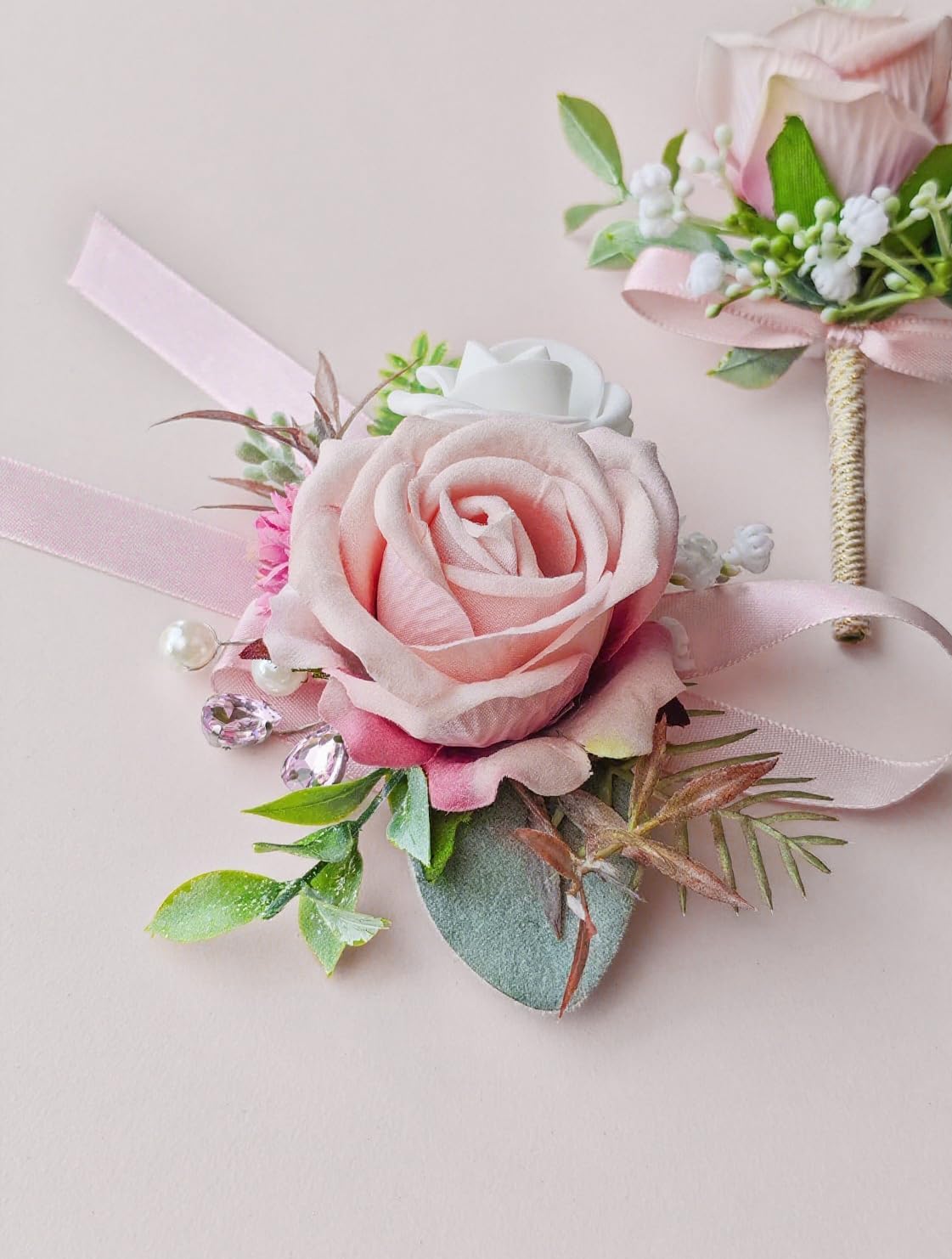 Corsage and Boutonniere Set with Pink Roses for Bride, Groom, Bridesmaids Groomsmen Weddings, Proms, Homecomings. Perfect Party Suit Decor Wedding Flowers Accessories (Pink)