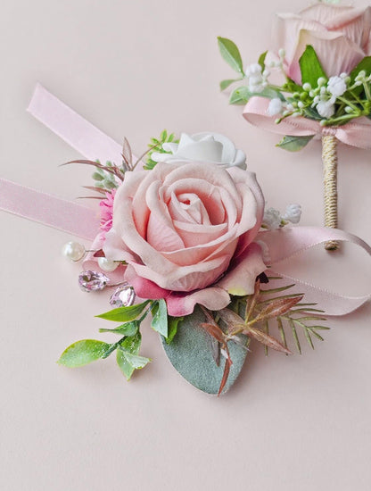 Corsage and Boutonniere Set with Pink Roses for Bride, Groom, Bridesmaids Groomsmen Weddings, Proms, Homecomings. Perfect Party Suit Decor Wedding Flowers Accessories (Pink)