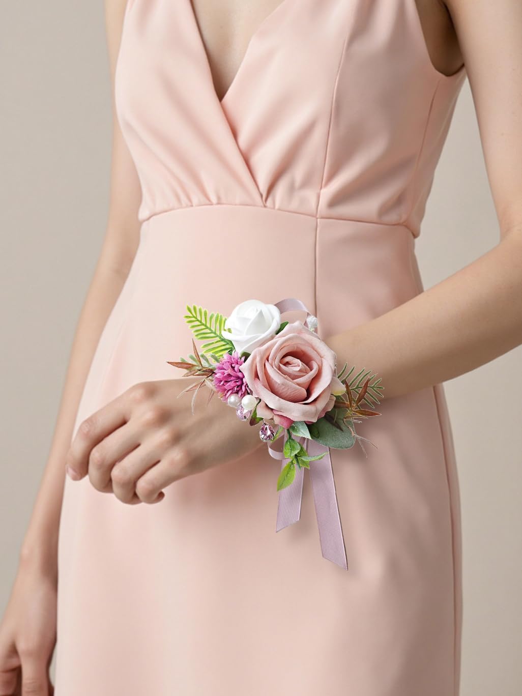 Corsage and Boutonniere Set with Pink Roses for Bride, Groom, Bridesmaids Groomsmen Weddings, Proms, Homecomings. Perfect Party Suit Decor Wedding Flowers Accessories (Pink)