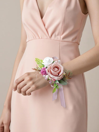 Corsage and Boutonniere Set with Pink Roses for Bride, Groom, Bridesmaids Groomsmen Weddings, Proms, Homecomings. Perfect Party Suit Decor Wedding Flowers Accessories (Pink)