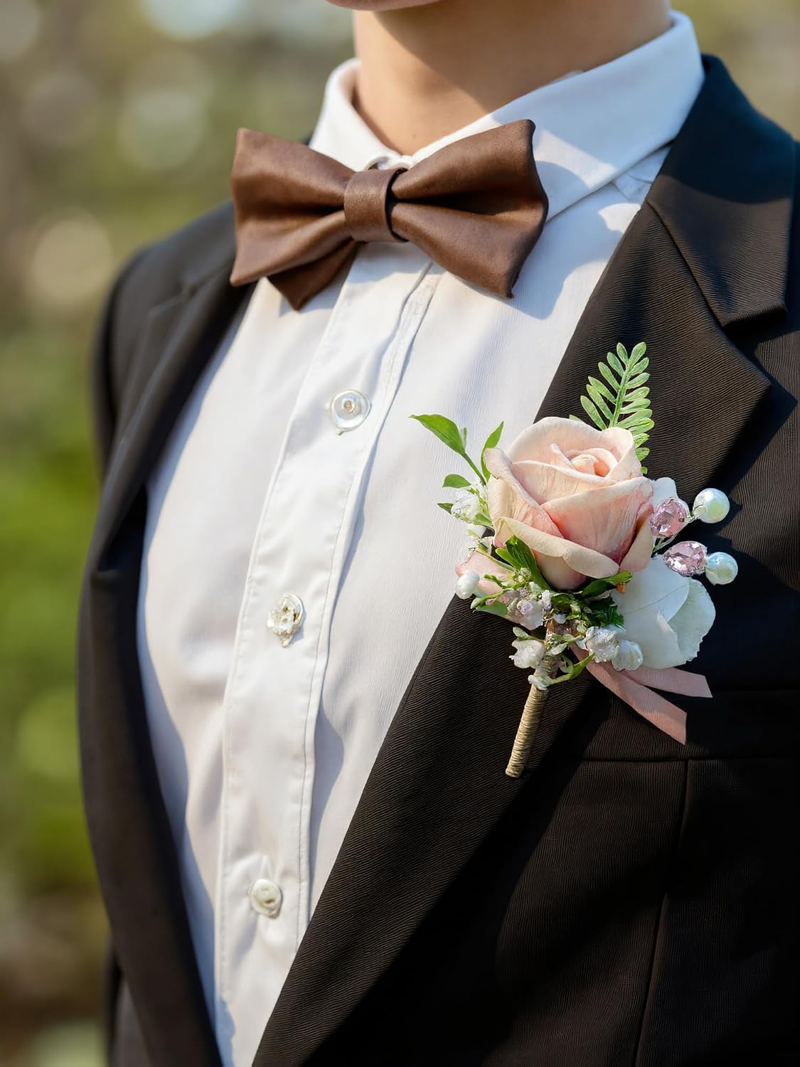 Corsage and Boutonniere Set with Pink Roses for Bride, Groom, Bridesmaids Groomsmen Weddings, Proms, Homecomings. Perfect Party Suit Decor Wedding Flowers Accessories (Pink)