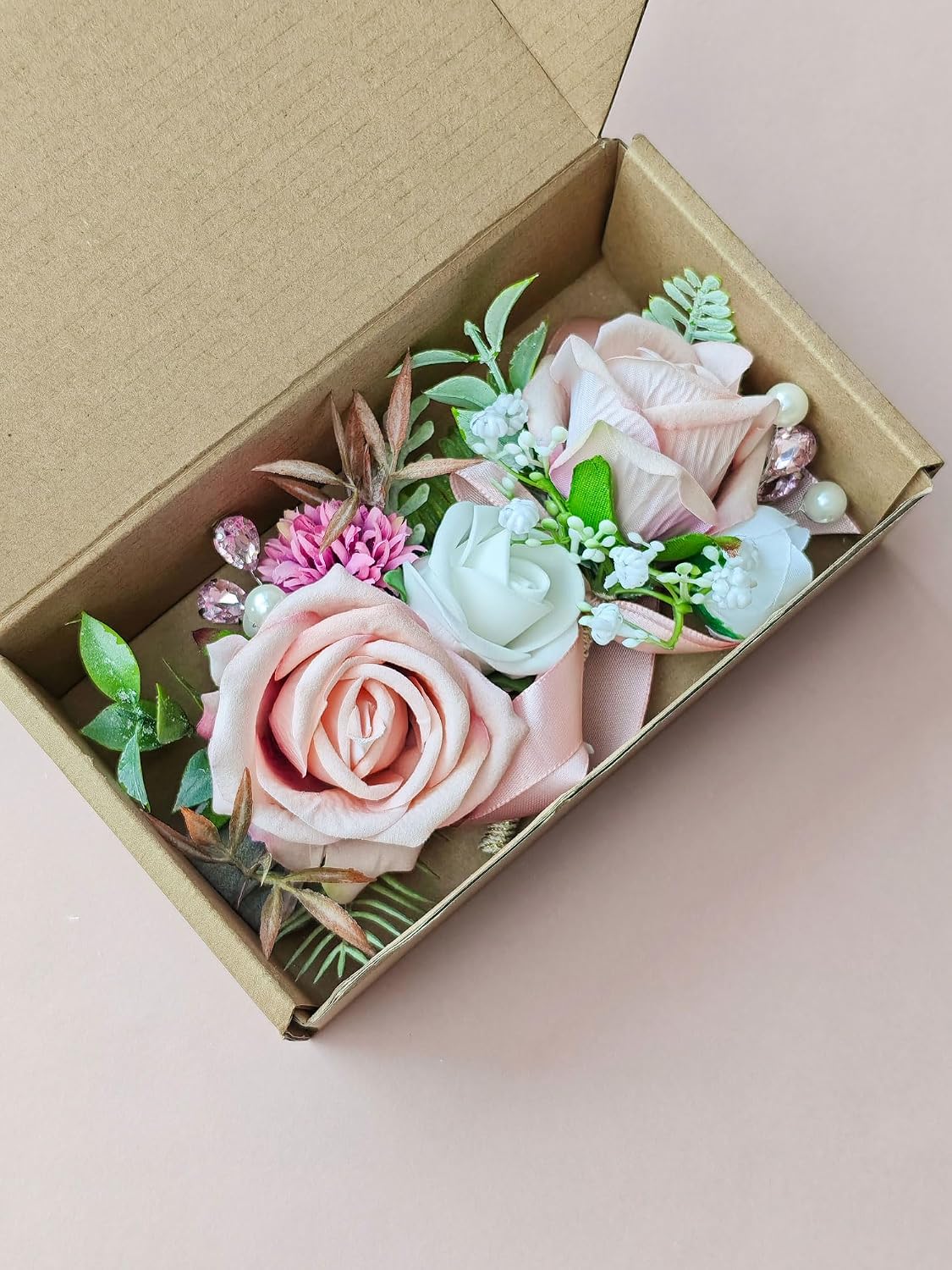 Corsage and Boutonniere Set with Pink Roses for Bride, Groom, Bridesmaids Groomsmen Weddings, Proms, Homecomings. Perfect Party Suit Decor Wedding Flowers Accessories (Pink)