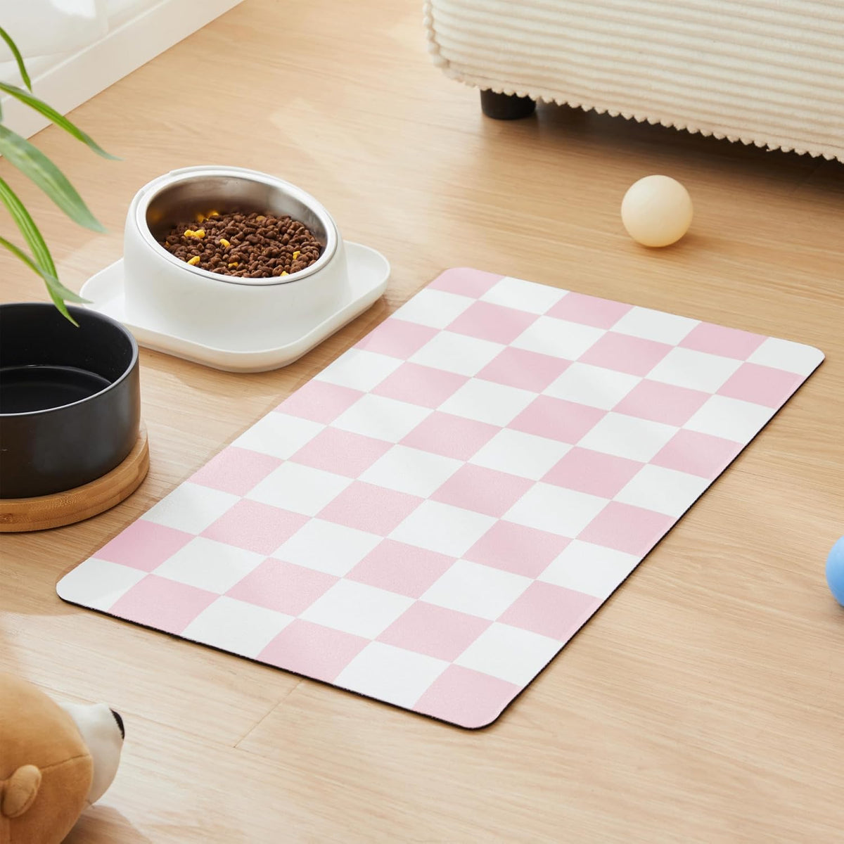 Checkered Dog Feeding Mat, Absorbent Mats for Dog Food and Water Bowl, Dispenser, Retro Aesthetic Cute Pink Checkerboard Pet Placemat for Dogs, Cats, Puppy Accessories, 12" X19”