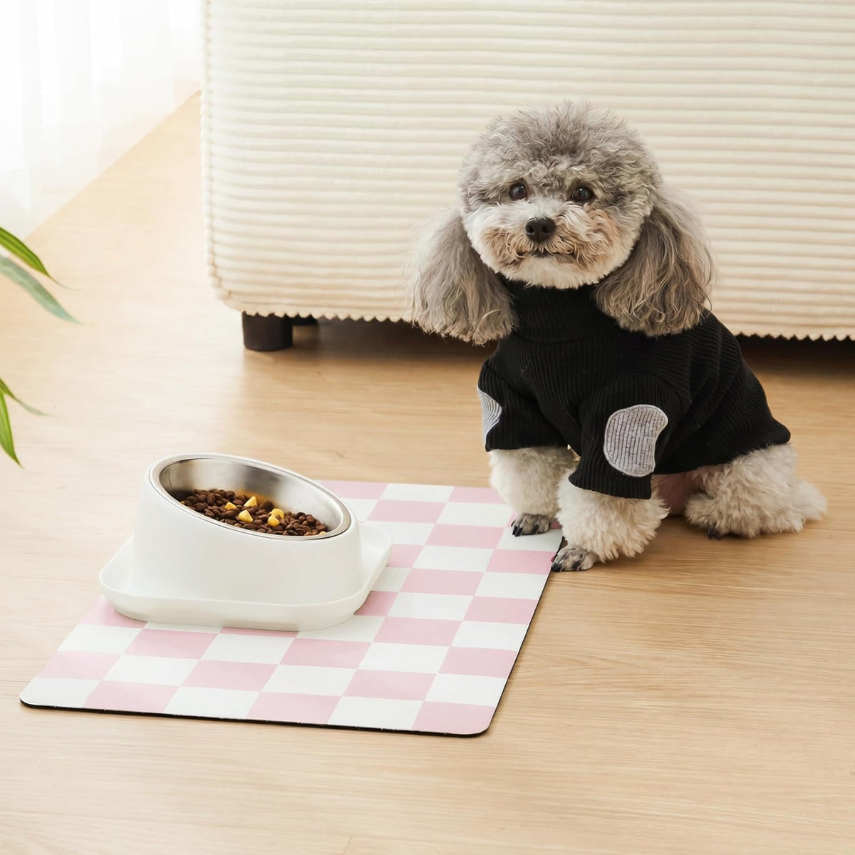 Checkered Dog Feeding Mat, Absorbent Mats for Dog Food and Water Bowl, Dispenser, Retro Aesthetic Cute Pink Checkerboard Pet Placemat for Dogs, Cats, Puppy Accessories, 12" X19”