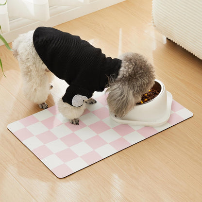 Checkered Dog Feeding Mat, Absorbent Mats for Dog Food and Water Bowl, Dispenser, Retro Aesthetic Cute Pink Checkerboard Pet Placemat for Dogs, Cats, Puppy Accessories, 12" X19”