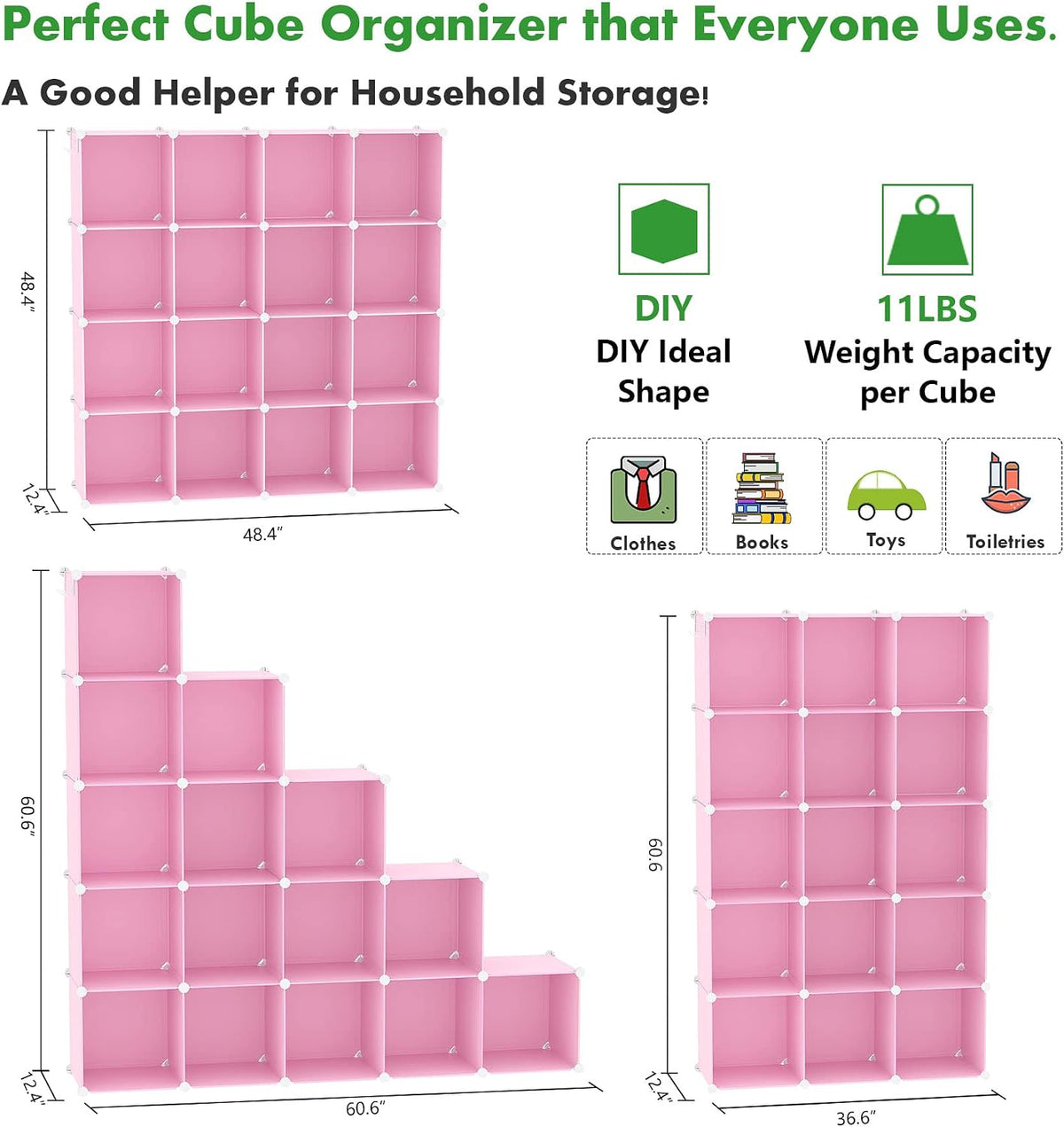 16 Cube Storage Organizer Cube Shelves Units Storage Cubes, Pink