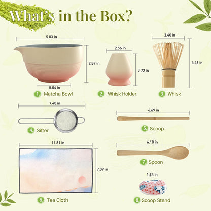 Matcha Whisk Set,includes Matcha Bowl,Matcha Whisk and Holder by Bamboo, Spout, Matcha Sifter Strainer Spoon Scoop Chasen Holder Towel- Perfect Japanese Matcha Set(8 Pcs Pink)