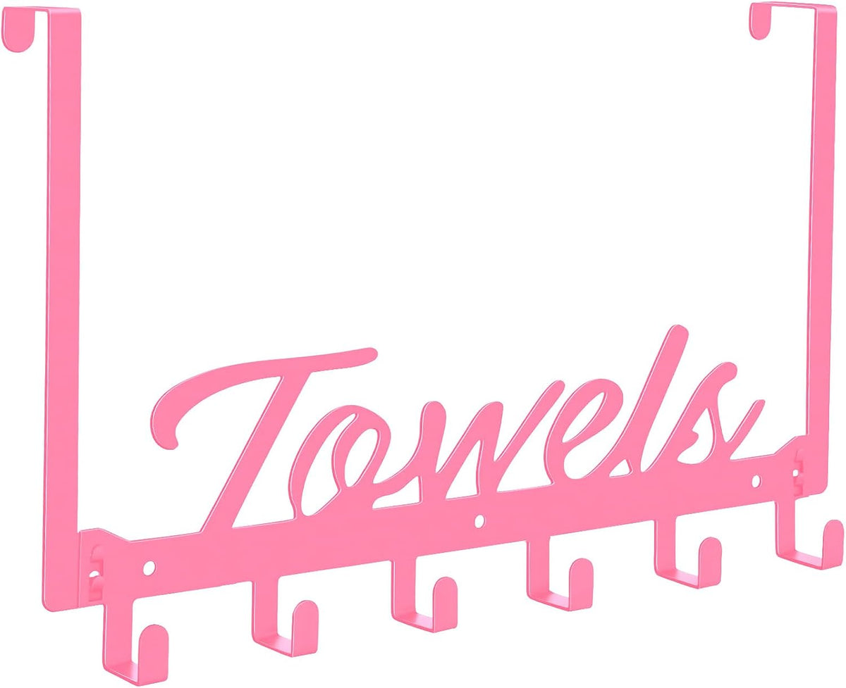 Over The Door Hooks, Towel Rack for Bathroom Door Rack for Hanging Heavy Duty, Door Hanger with 6 Hooks for Bedroom Bathroom Kitchen Bag, Coats, Hats(Pink)