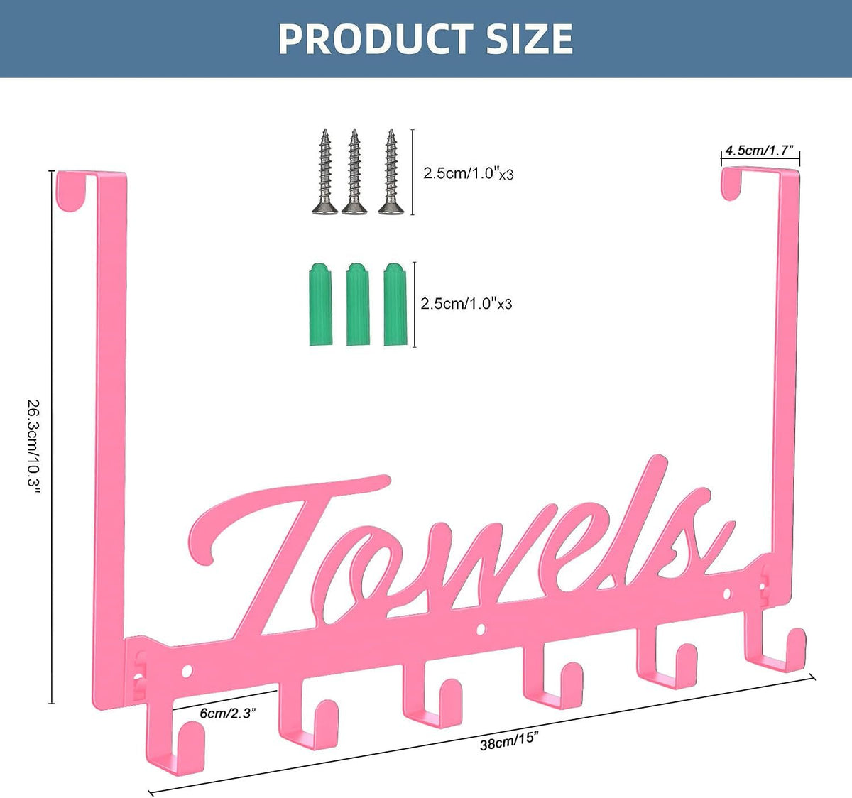 Over The Door Hooks, Towel Rack for Bathroom Door Rack for Hanging Heavy Duty, Door Hanger with 6 Hooks for Bedroom Bathroom Kitchen Bag, Coats, Hats(Pink)