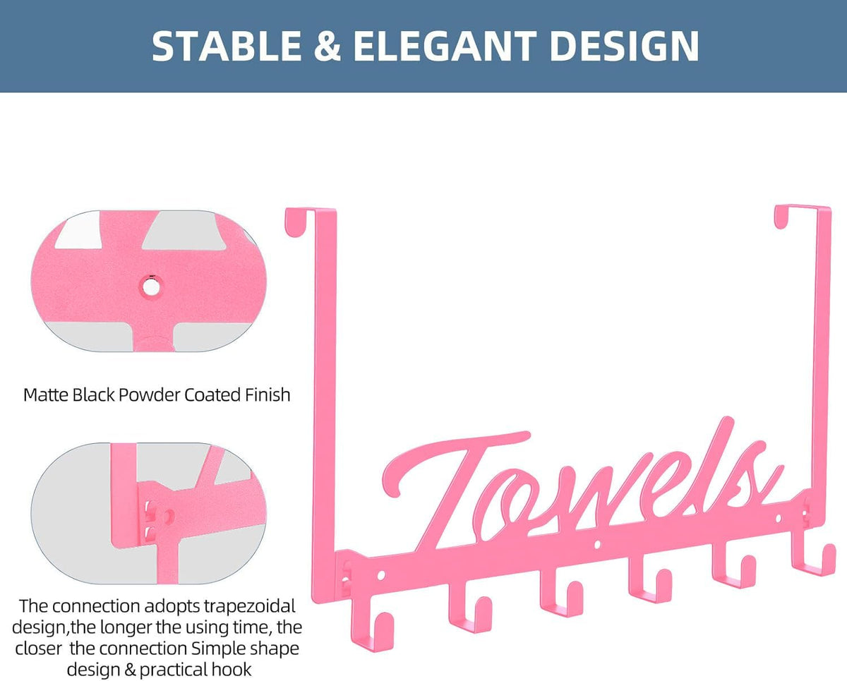 Over The Door Hooks, Towel Rack for Bathroom Door Rack for Hanging Heavy Duty, Door Hanger with 6 Hooks for Bedroom Bathroom Kitchen Bag, Coats, Hats(Pink)