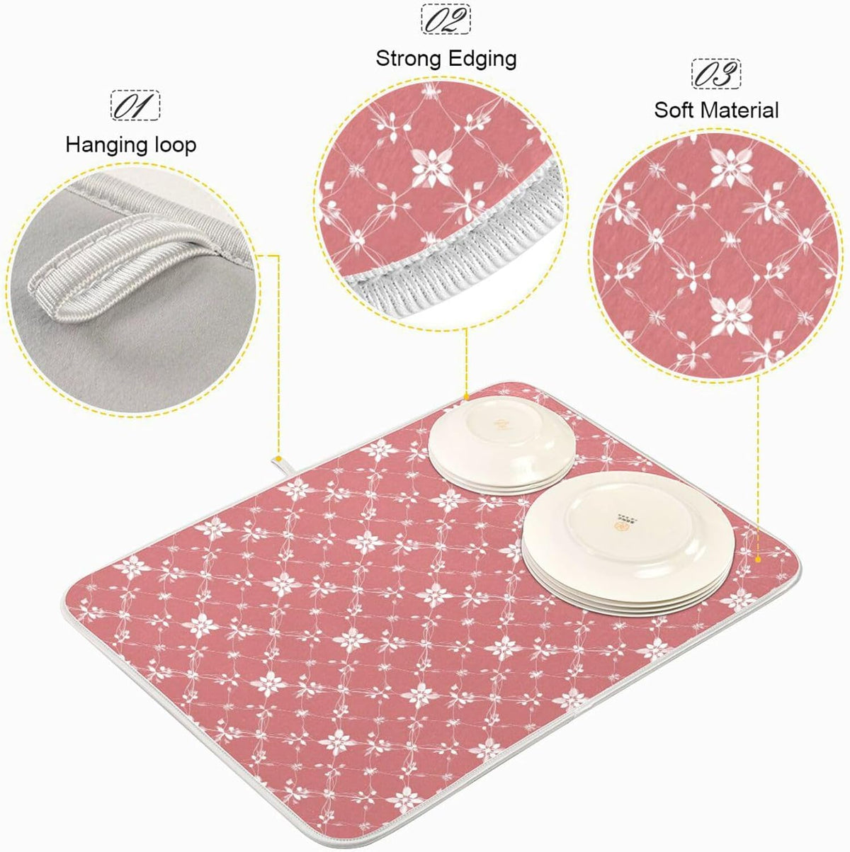 Light Pink Art Dish Drying Mat for Kitchen Counter Absorbent Heat Resistant Microfiber Dishes Drainer Mat 16x18 in Dish Pad Sink Mat Protective Pad Kitchen Decor