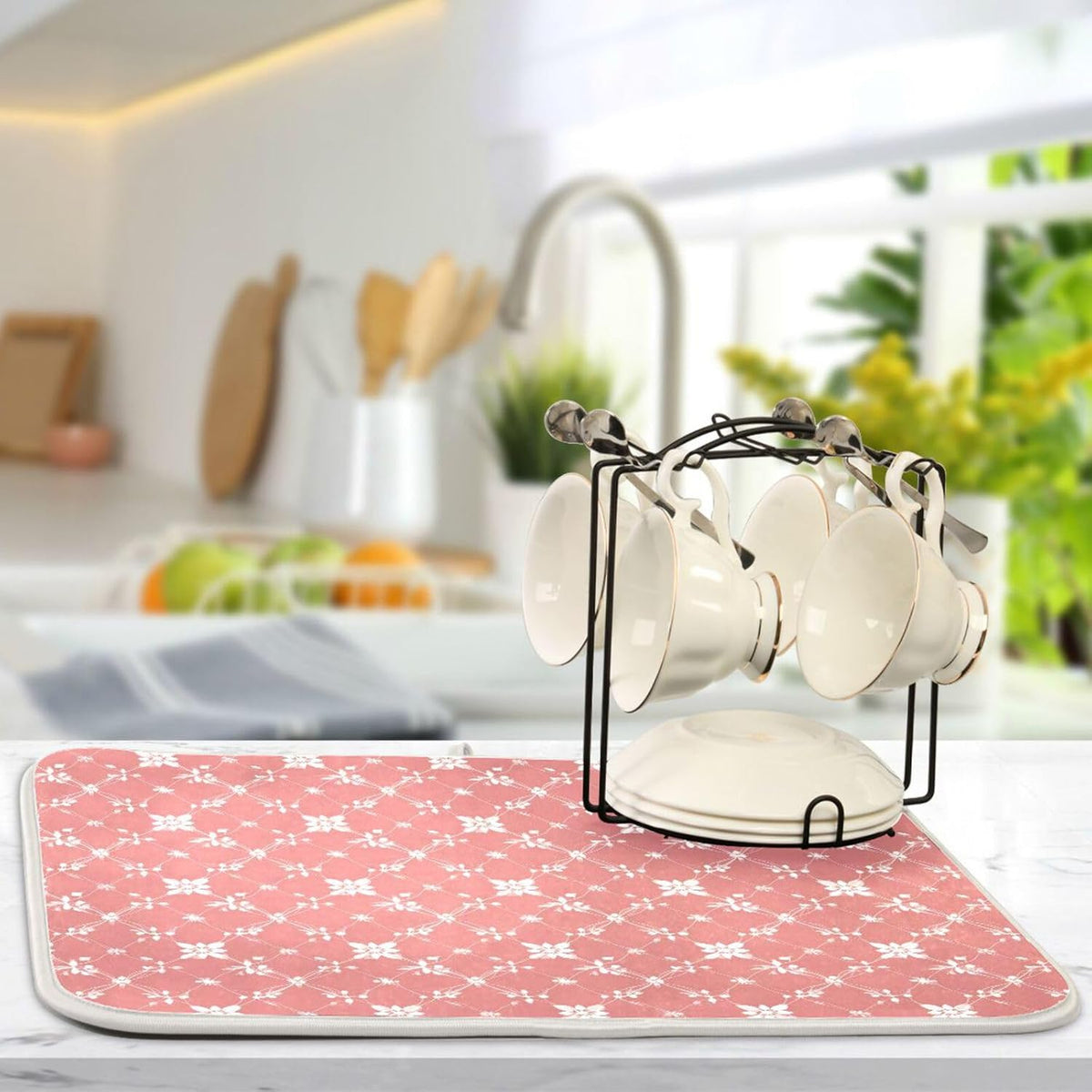 Light Pink Art Dish Drying Mat for Kitchen Counter Absorbent Heat Resistant Microfiber Dishes Drainer Mat 16x18 in Dish Pad Sink Mat Protective Pad Kitchen Decor