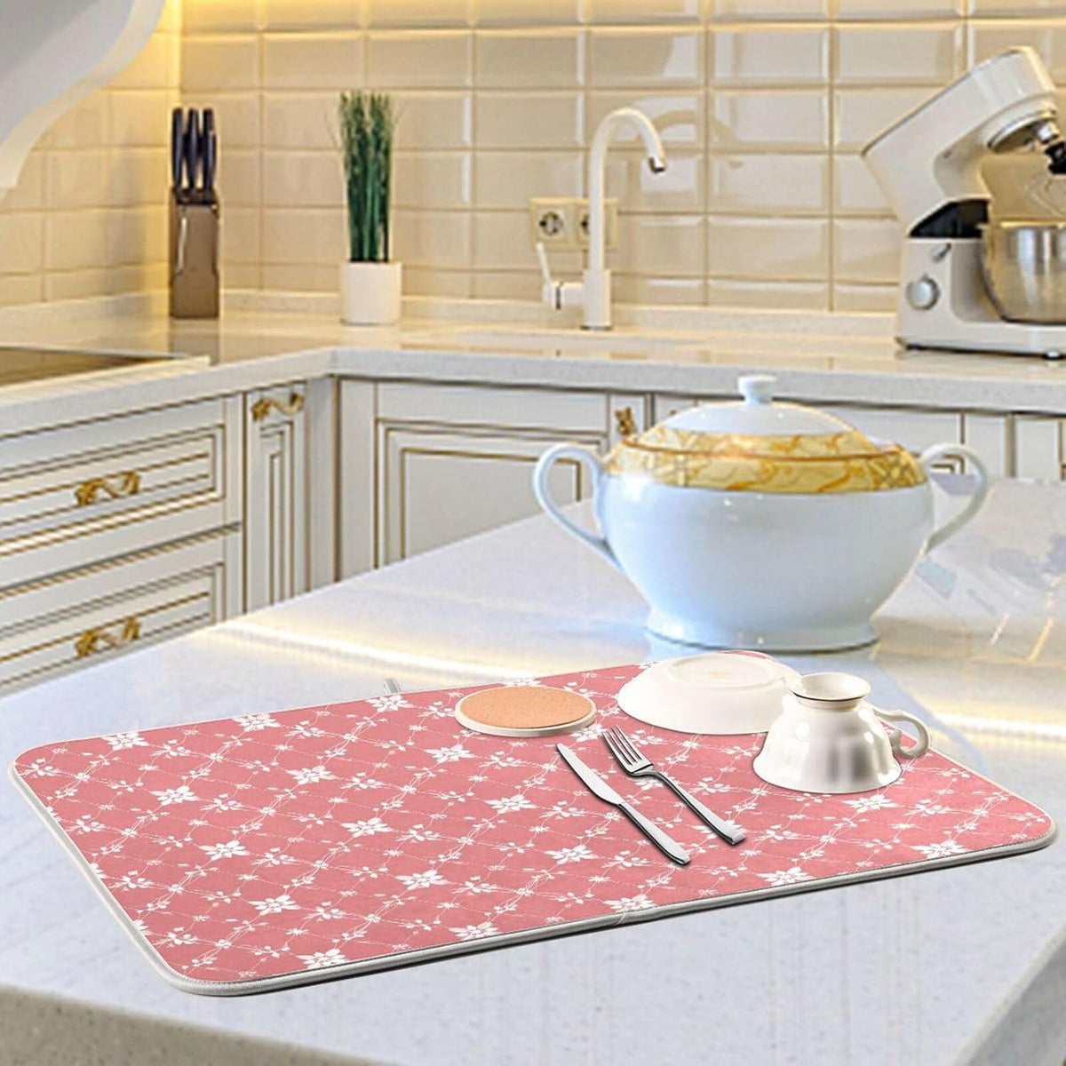 Light Pink Art Dish Drying Mat for Kitchen Counter Absorbent Heat Resistant Microfiber Dishes Drainer Mat 16x18 in Dish Pad Sink Mat Protective Pad Kitchen Decor