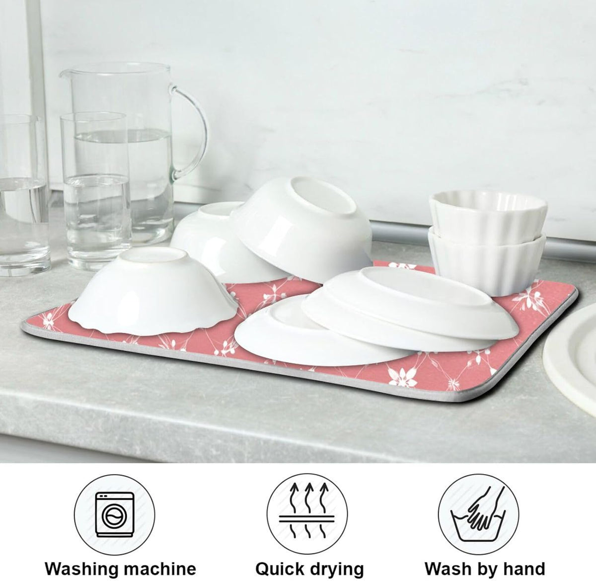 Light Pink Art Dish Drying Mat for Kitchen Counter Absorbent Heat Resistant Microfiber Dishes Drainer Mat 16x18 in Dish Pad Sink Mat Protective Pad Kitchen Decor