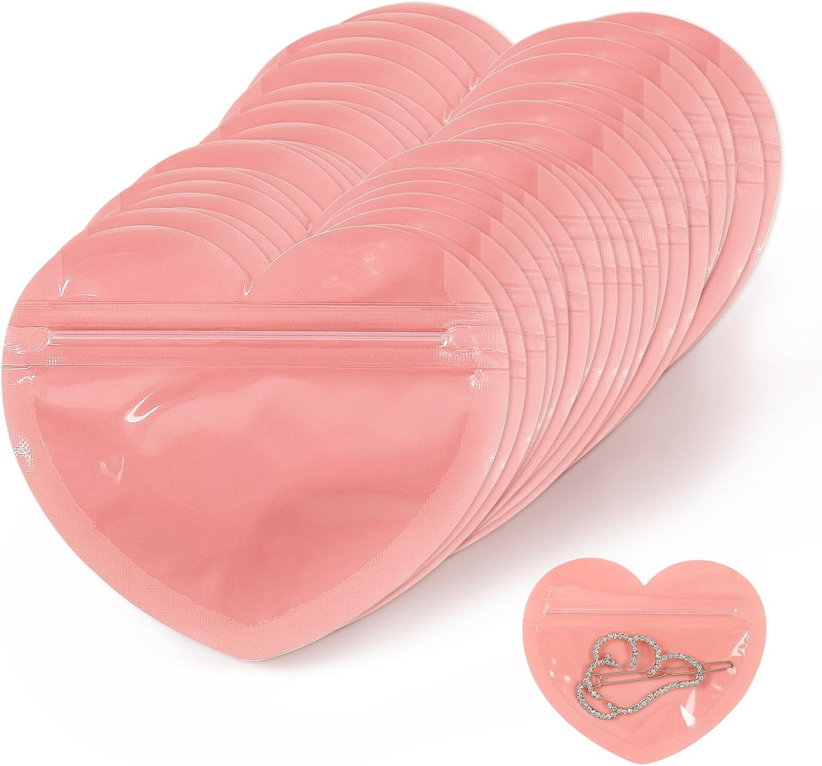 HRX Package 100pcs Mylar Heart Shaped Zip Top Lock Bags for Jewelry (Pink)