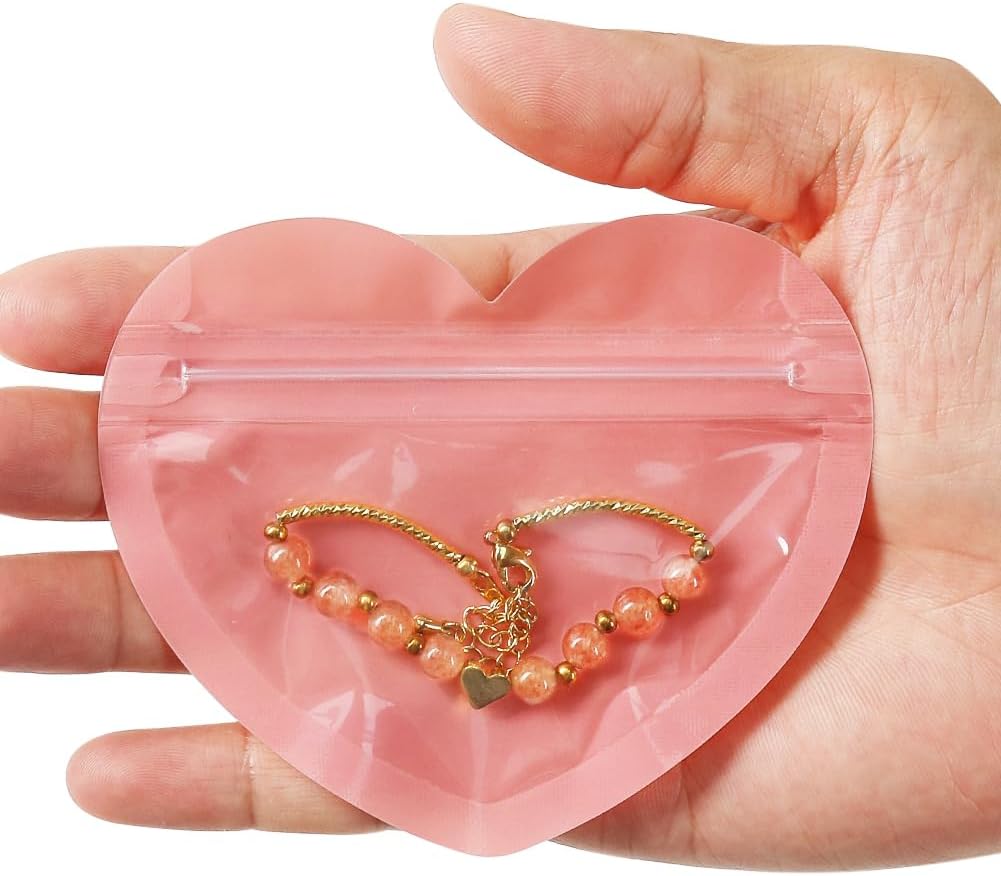 HRX Package 100pcs Mylar Heart Shaped Zip Top Lock Bags for Jewelry (Pink)