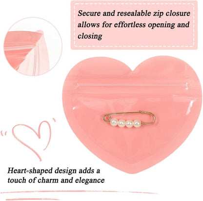HRX Package 100pcs Mylar Heart Shaped Zip Top Lock Bags for Jewelry (Pink)