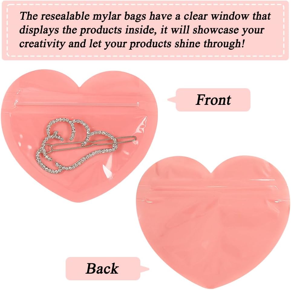 HRX Package 100pcs Mylar Heart Shaped Zip Top Lock Bags for Jewelry (Pink)