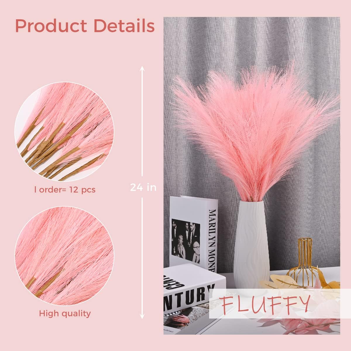 12PCS Faux Pampas Grass 24 Inch, Small Artificial Pampas Grass Decor for Vase, Fake Fluffy Floral, Artificial Dried Flowers, Dry Plant Home Wedding Boho Decor(Pink)