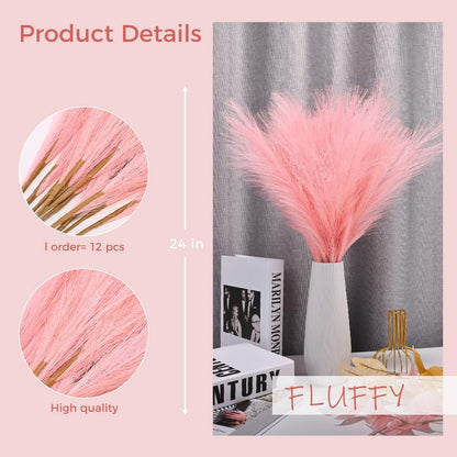 12PCS Faux Pampas Grass 24 Inch, Small Artificial Pampas Grass Decor for Vase, Fake Fluffy Floral, Artificial Dried Flowers, Dry Plant Home Wedding Boho Decor(Pink)