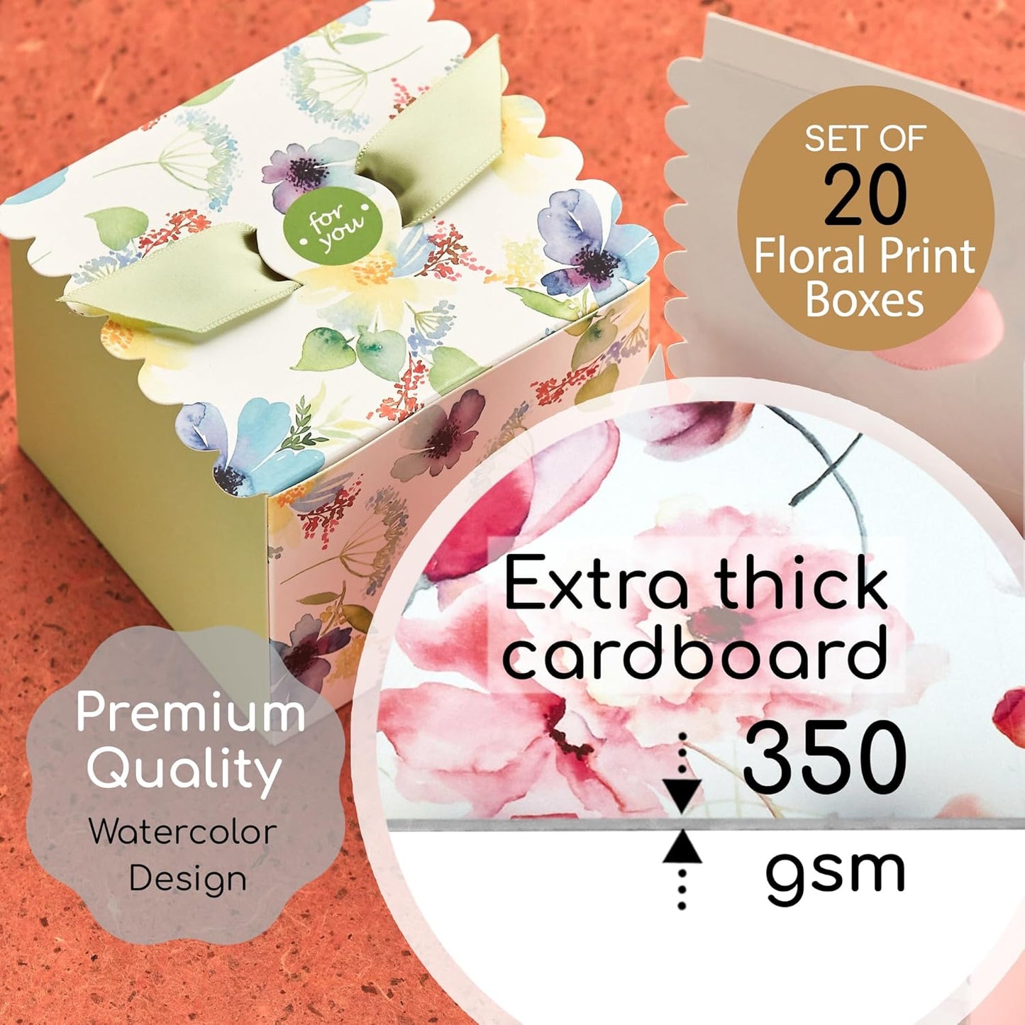 Small Floral Gift Boxes with Ribbons (20 Pack) 4” x 3.2” Cute Flower Decorative Mini Treat Boxes, Printed Spring Wildflower, Pretty Tea Party Favors, Diwali, Candy, Mithai Indian Sweets, Bulk, Empty