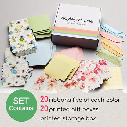 Small Floral Gift Boxes with Ribbons (20 Pack) 4” x 3.2” Cute Flower Decorative Mini Treat Boxes, Printed Spring Wildflower, Pretty Tea Party Favors, Diwali, Candy, Mithai Indian Sweets, Bulk, Empty