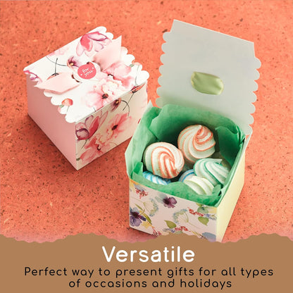 Small Floral Gift Boxes with Ribbons (20 Pack) 4” x 3.2” Cute Flower Decorative Mini Treat Boxes, Printed Spring Wildflower, Pretty Tea Party Favors, Diwali, Candy, Mithai Indian Sweets, Bulk, Empty