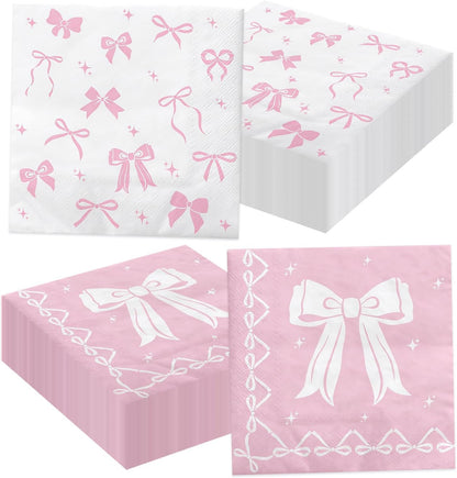 100 Pcs Pink Bow Napkins, Coquette Theme Party Napkins for Pink Bow Birthday Decorations Baby Shower Bridal Coquette Birthday Decorations
